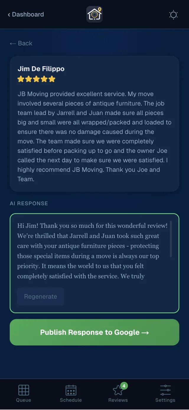 AI-drafted response to a 5-star review, ready to publish to Google