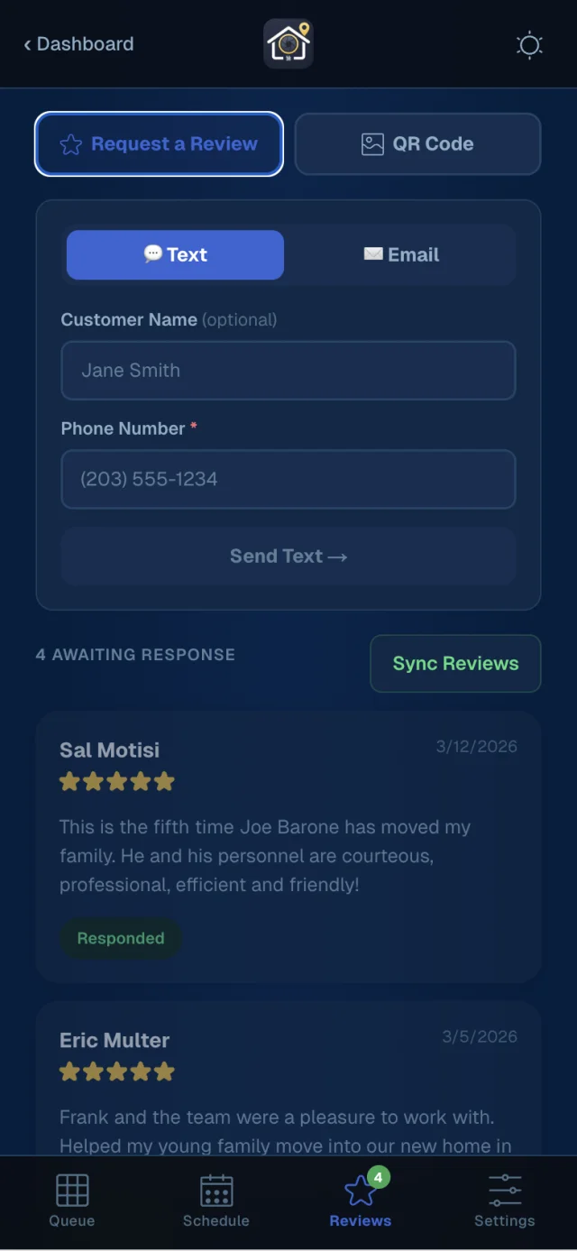 Reviews list showing synced Google reviews ready for response